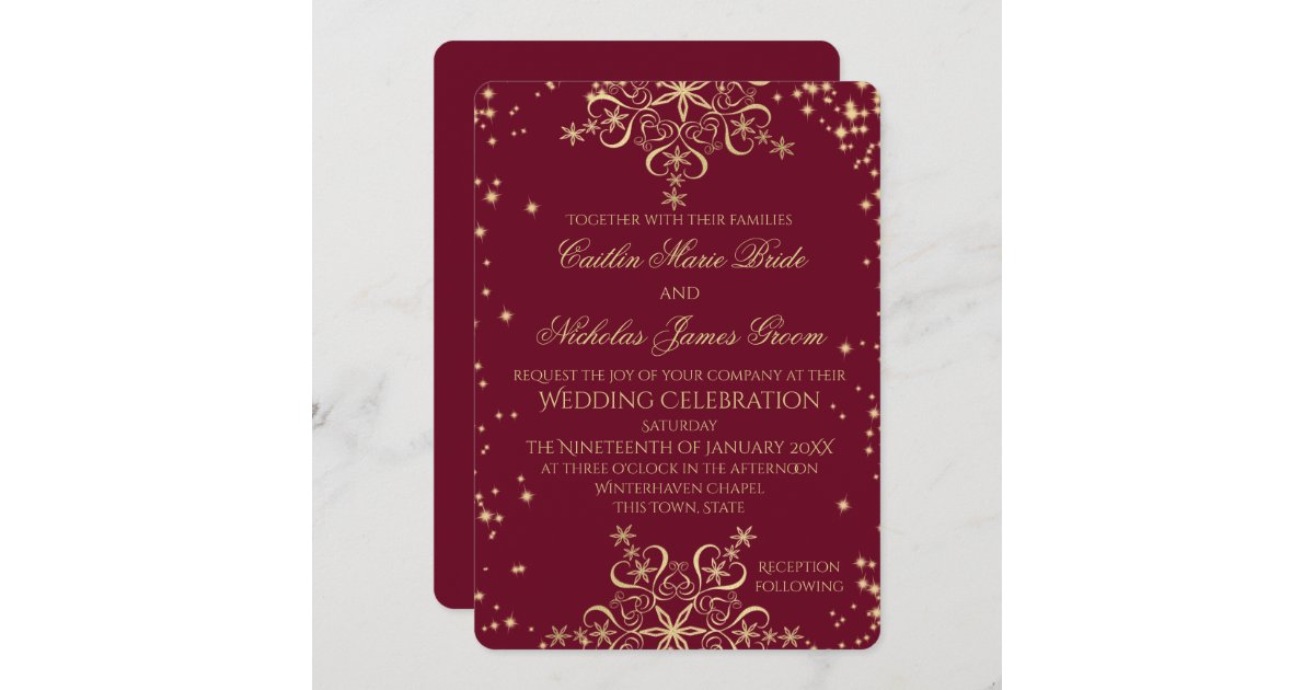 Gold and Burgundy Winter Wedding Snowflakes Invitation | Zazzle