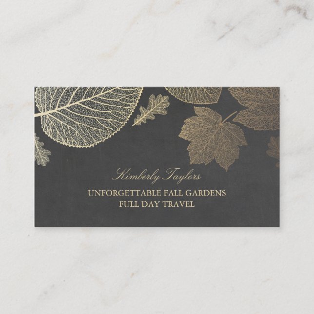 Gold and Chalkboard Fall Leaves Elegant Business Card (Front)