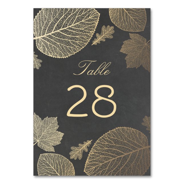 Gold and Chalkboard Fall Leaves Wedding Table Number (Front)
