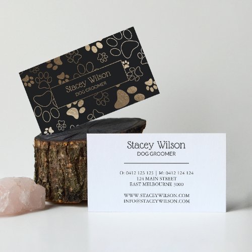 Gold And Charcoal Pet Salon Paw Print Business Card