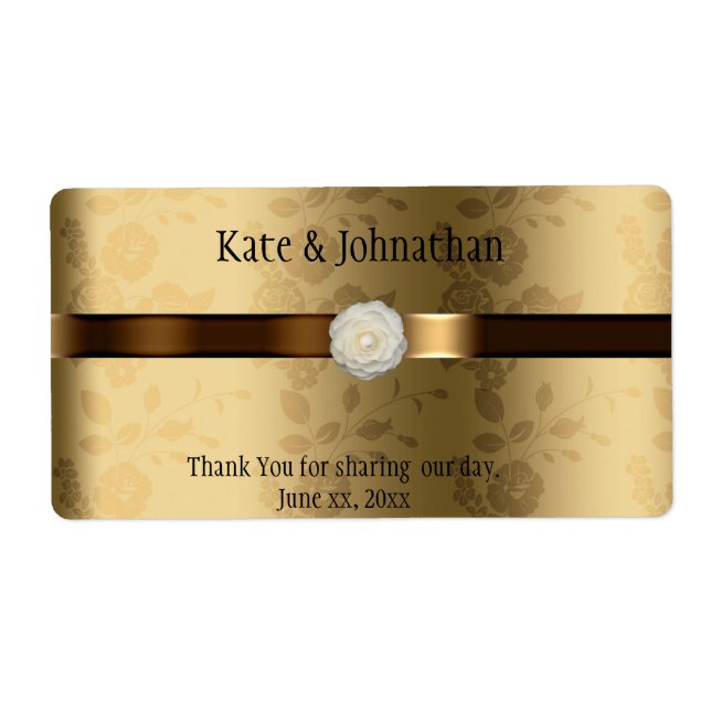 Gold and Chocolate Brown Wedding Wine Label (Front)