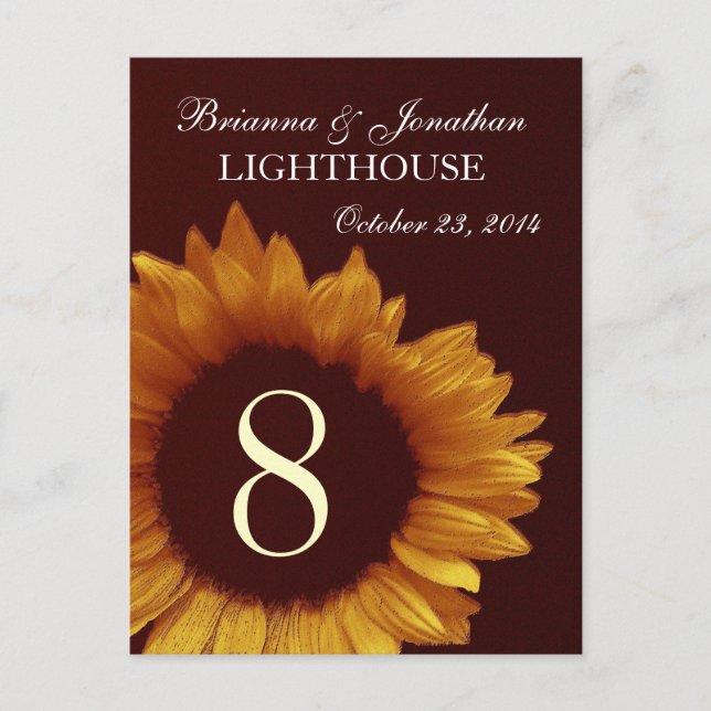 Gold and Chocolate Sunflower Wedding Table Number (Front)