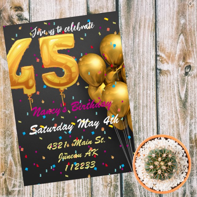 Gold and colorful glitter balloons 45th birthday invitation (Creator Uploaded)