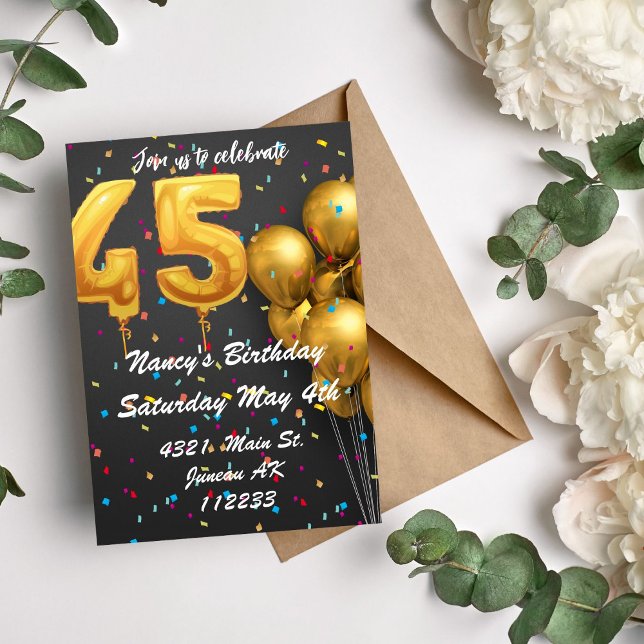 Gold and colorful glitter balloons 45th birthday magnetic invitation (Creator Uploaded)