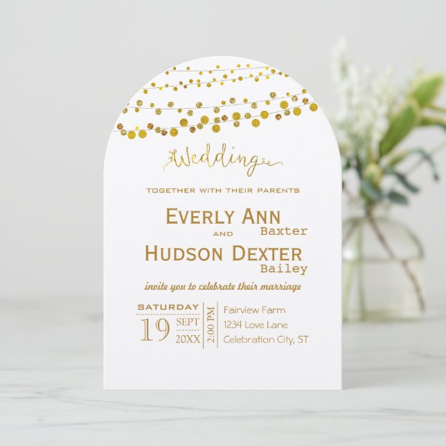 Gold and Copper Garland Modern Font Wedding Invitation (Standing Front)