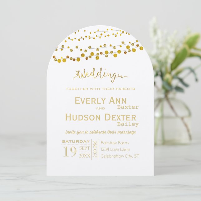 Gold and Copper Garland Modern Font Wedding Invitation (Standing Front)