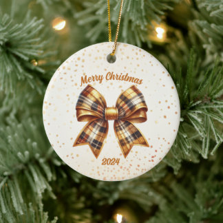 Gold and Copper Plaid Bow Year Accent Ceramic Ornament