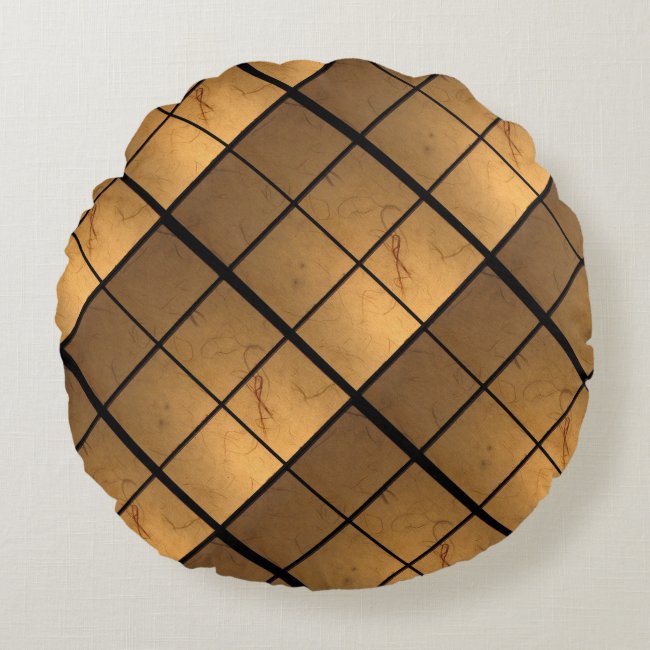 Gold and Copper Square Pattern Round Pillow