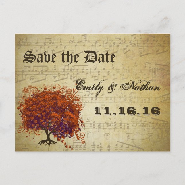 Gold and Coral Heart Leaf Tree Save the Date Announcement Postcard (Front)
