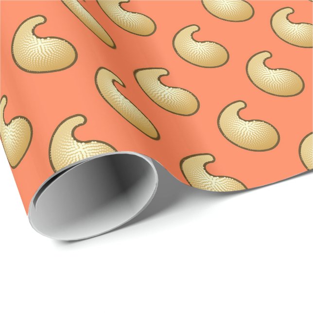 Gold and coral orange paisley wrapping paper (Roll Corner)