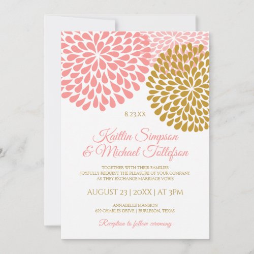 Gold and Coral Pink Wedding Invitations  Floral