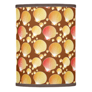 Gold and coral seashells on coffee brown lamp shade
