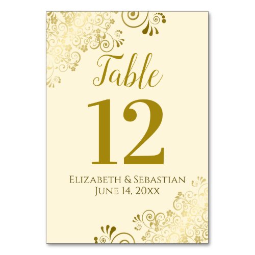 Gold and Cream Elegant Frilly Wedding Table Number