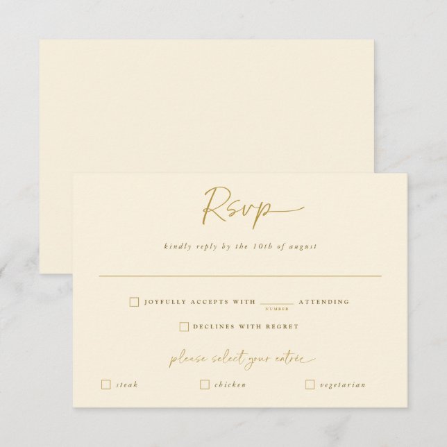 Gold and Cream Wedding Modern Handwriting Reply RSVP Card (Front/Back)
