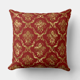 Gold And Crimson Red Vintage Floral Damask Throw Pillow