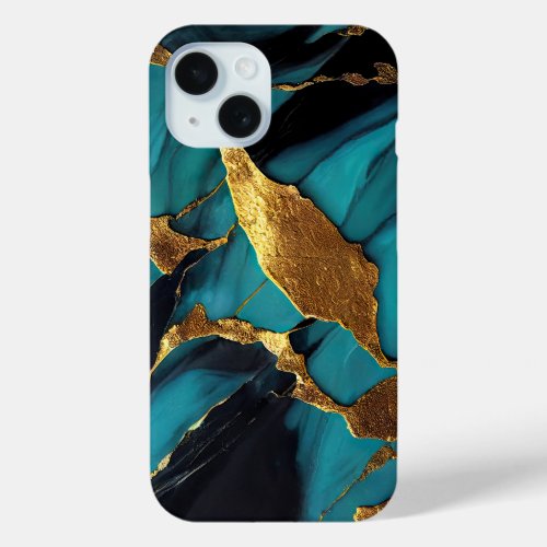 Gold and Cyan Liquid Marble Fusion iPhone 15 Case