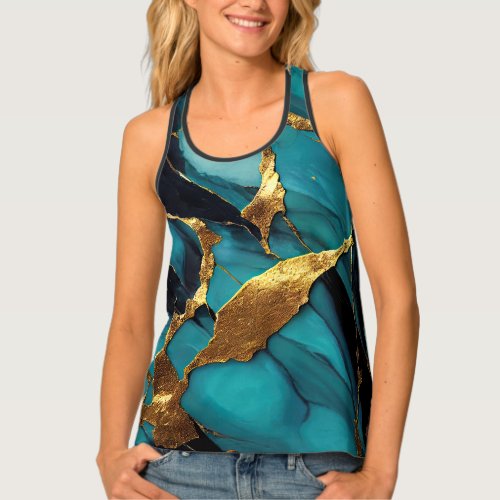 Gold and Cyan Liquid Marble Fusion Tank Top