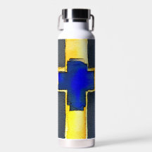 Gold and Cyan Watercolor Cross Water Bottle