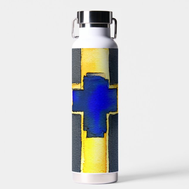 Gold and Cyan Watercolor Cross Water Bottle (Front)