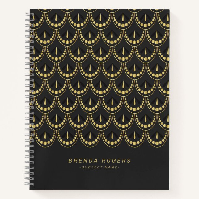 Gold and dar-gray art-deco geometric pattern notebook (Front)
