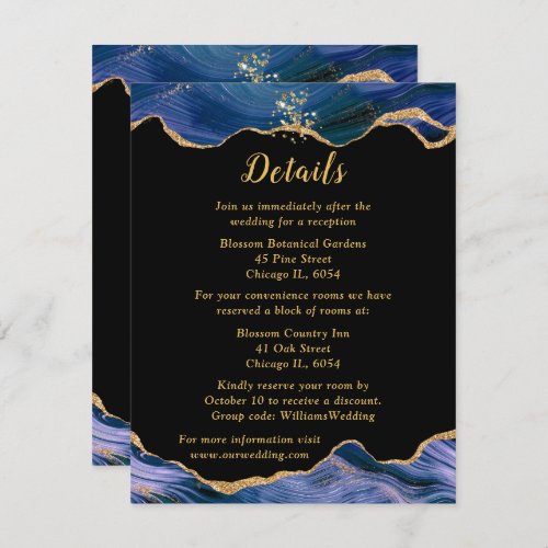 Gold and Dark Blue Agate Wedding Details Enclosure Card