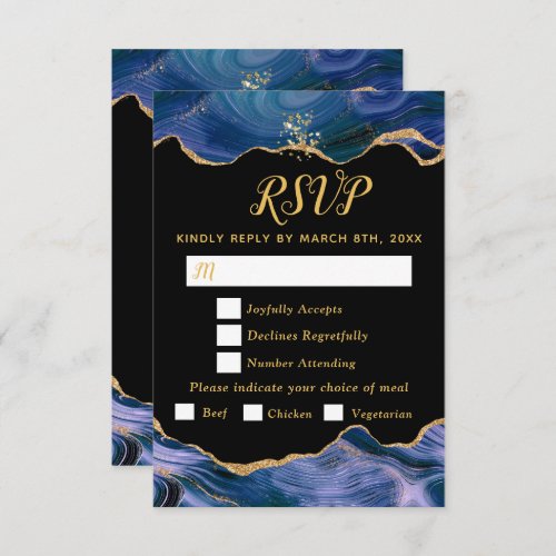 Gold and Dark Blue Agate Wedding Meal Choice RSVP Card