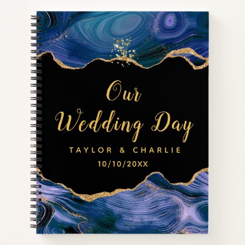 Gold and Dark Blue Agate Wedding Notebook
