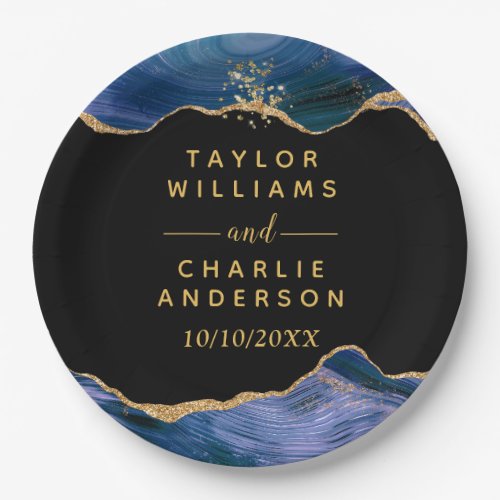 Gold and Dark Blue Agate Wedding Paper Plates