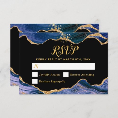 Gold and Dark Blue Agate Wedding RSVP Card