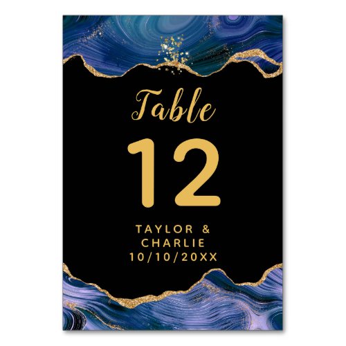 Gold and Dark Blue Agate Wedding Table Number