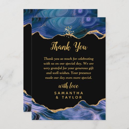 Gold and Dark Blue Agate Wedding Thank You Card