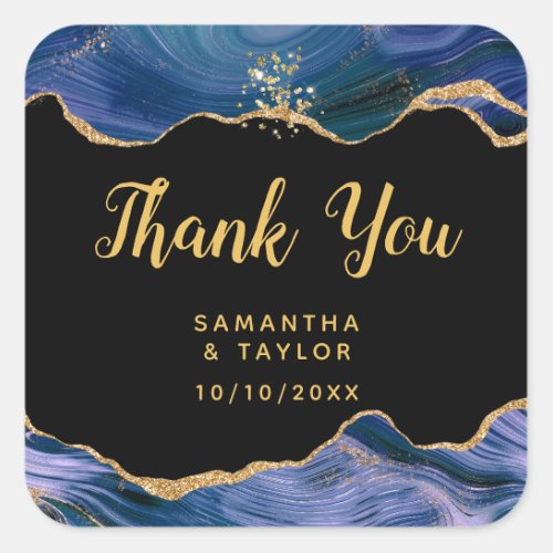 Gold and Dark Blue Agate Wedding Thank You Square Sticker