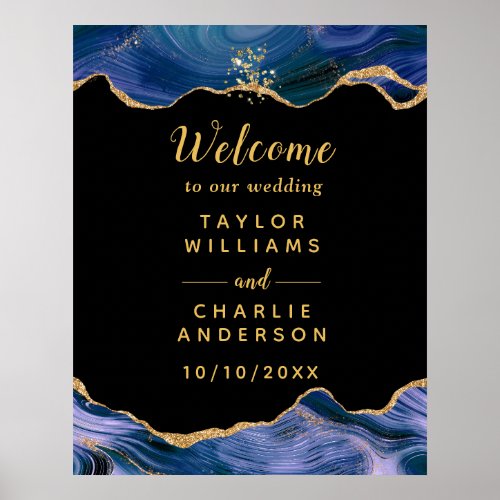 Gold and Dark Blue Agate Wedding Welcome Poster