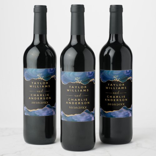 Gold and Dark Blue Agate Wedding Wine Label