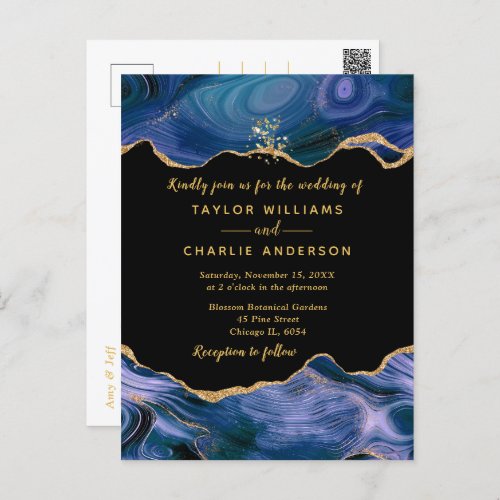 Gold and Dark Blue Faux Glitter Agate Wedding Postcard