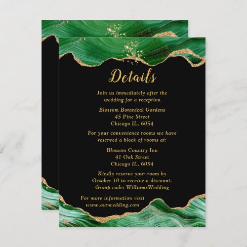 Gold and Dark Green Agate Wedding Details Enclosure Card