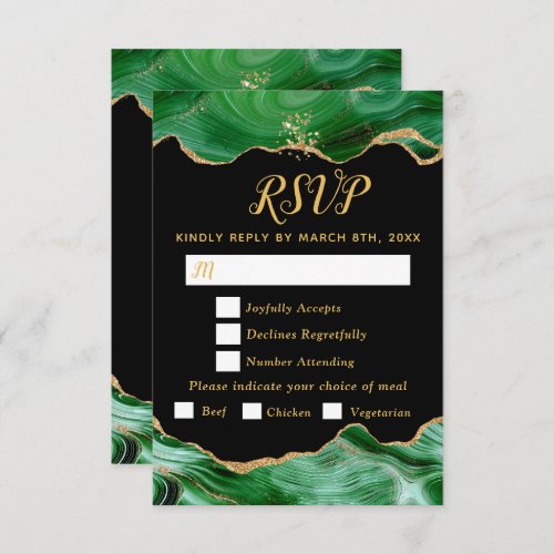 Gold and Dark Green Agate Wedding Meal Choice RSVP Card