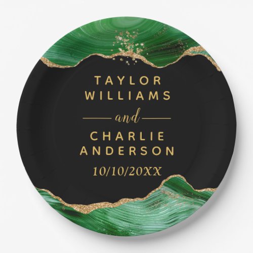 Gold and Dark Green Agate Wedding Paper Plates