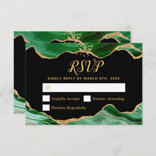 Gold and Dark Green Agate Wedding RSVP Card