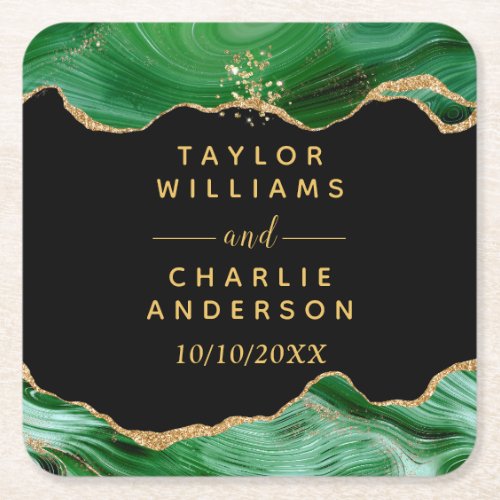 Gold and Dark Green Agate Wedding Square Paper Coaster