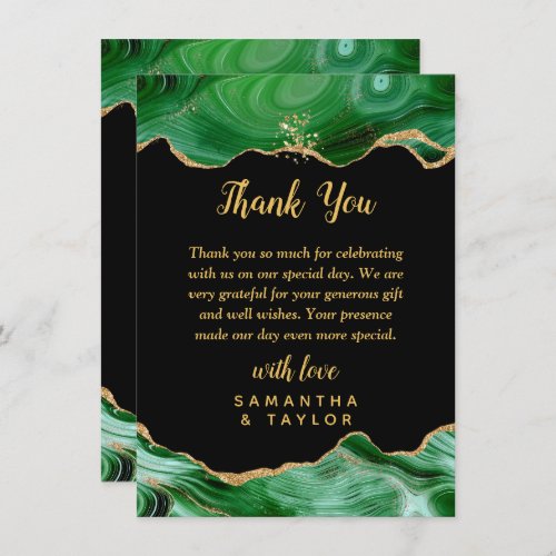 Gold and Dark Green Agate Wedding Thank You Card