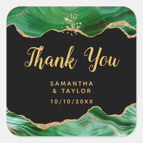 Gold and Dark Green Agate Wedding Thank You Square Sticker