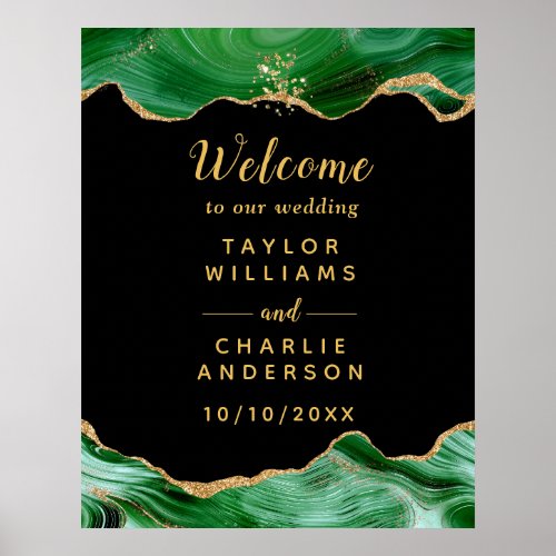 Gold and Dark Green Agate Wedding Welcome Poster