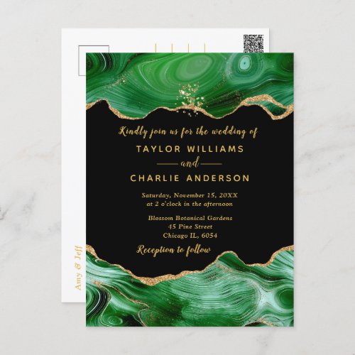 Gold and Dark Green Faux Glitter Agate Wedding Postcard