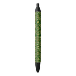 Gold and dark-green vintage floral damask pattern black ink pen