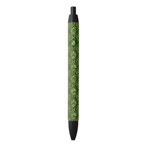 Gold and dark_green vintage floral damask pattern black ink pen