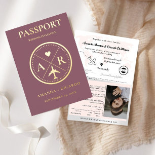 Gold And Dark Mauve Passport Wedding Invitation