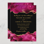 Gold and Dark Pink Faux Glitter Agate Wedding Invitation