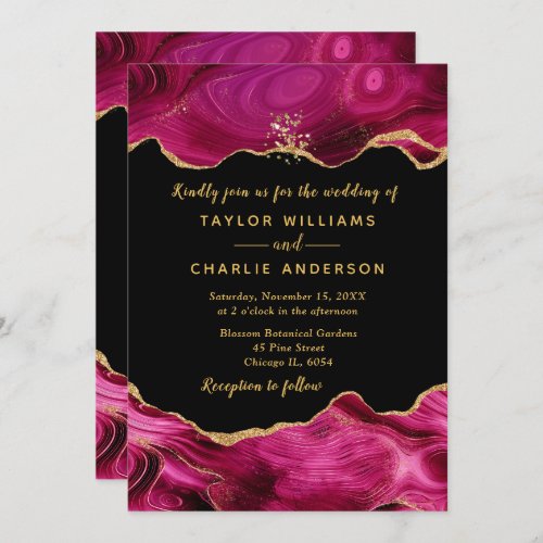 Gold and Dark Pink Faux Glitter Agate Wedding Invitation
