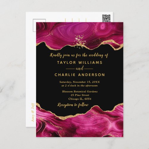 Gold and Dark Pink Faux Glitter Agate Wedding Postcard